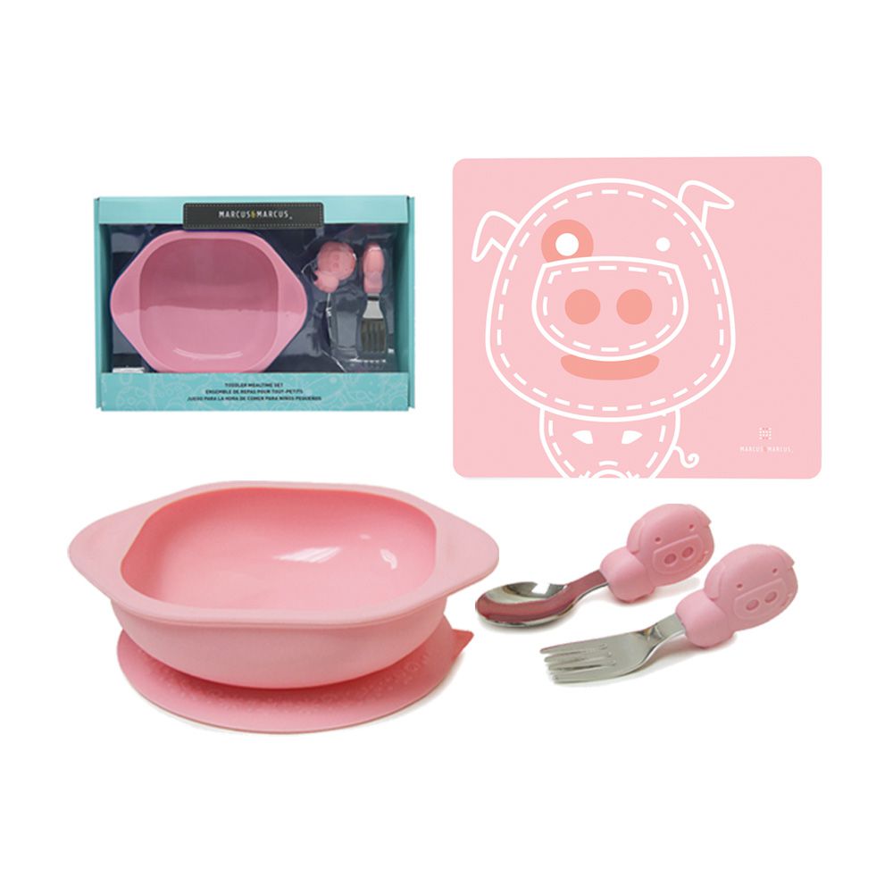 MARCUS＆MARCUS - 動物樂園寶寶握握學習禮盒餐墊組(握握禮盒+餐墊)-粉紅豬