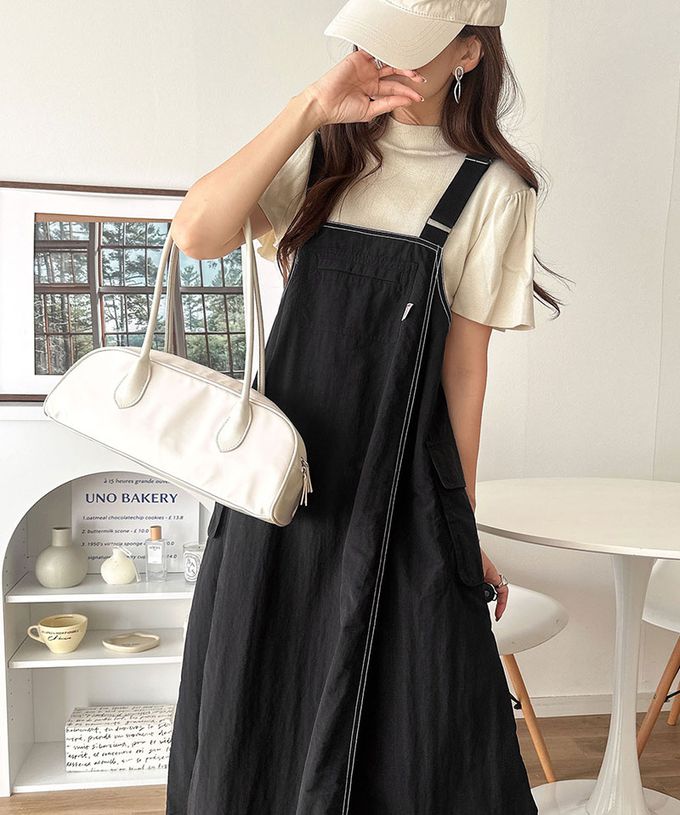 日本 Classical Elf - Java 工裝風舒適傘擺尼龍吊帶裙-卡其