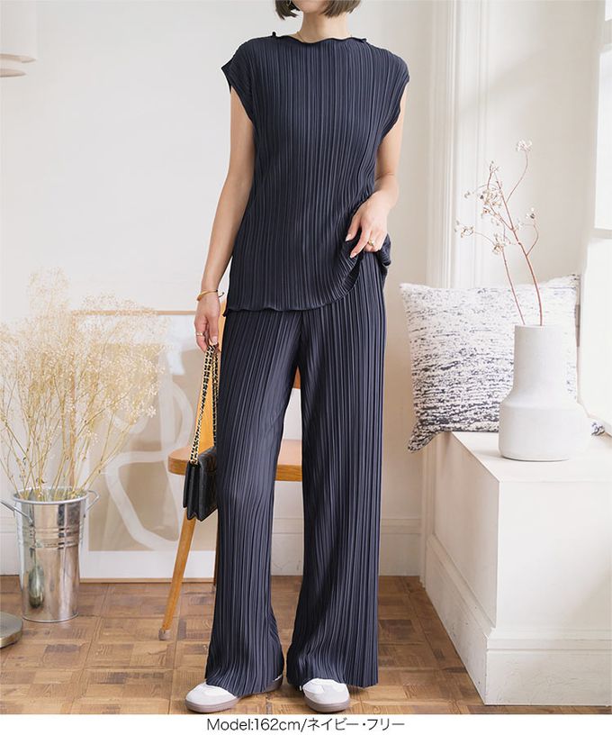 日本 Kobe Lettuce - [可剪裁]優美細坑條休閒寬褲-海軍藍