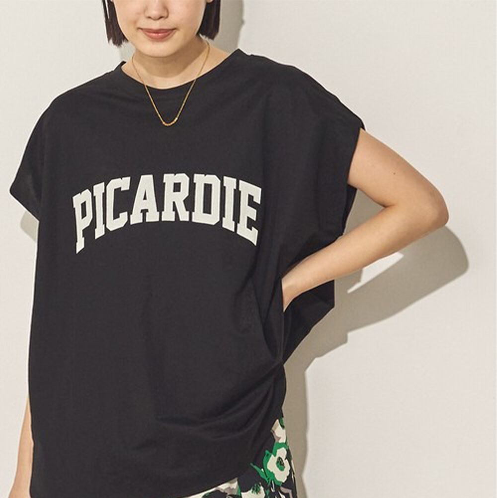 接觸涼感 簡約標語法式袖上衣-黑