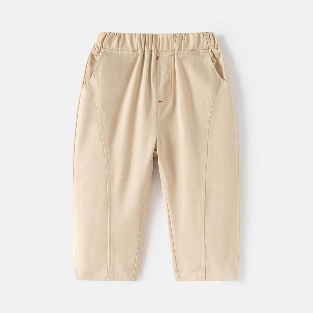 純棉腰鬆緊休閒長褲-拼接版型-卡其