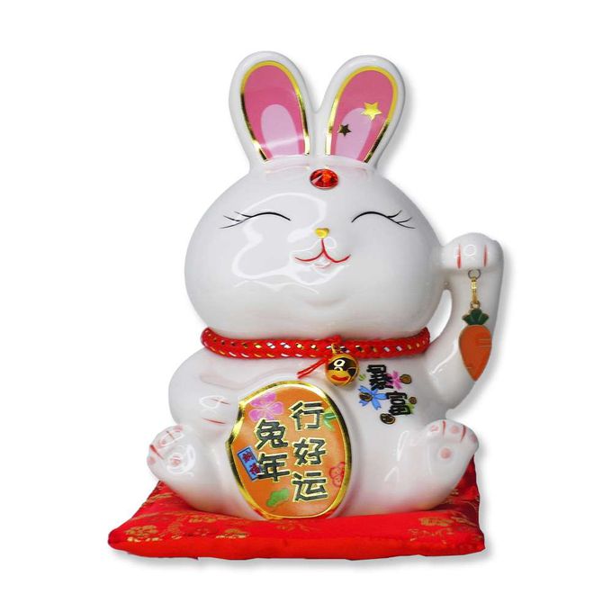 MODACore 摩達客 - ◉春節開運◉超萌6吋陶瓷兔兔招財貓_附贈坐墊-白兔好運款/撲滿存錢桶擺飾