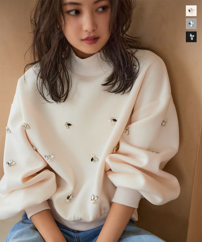 日本 Kobe Lettuce - 小立領奢華首飾休閒寬袖上衣-白 (M)