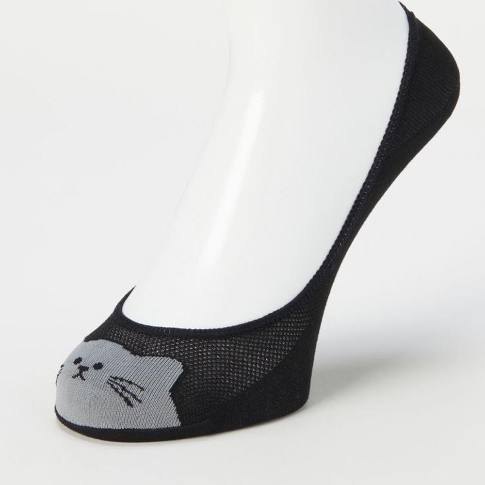 日本 okamoto - 超強專利防滑ㄈ型隱形襪-針織吸水快乾 淺履款-小貓頭 黑底