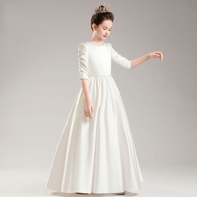 公主風緞面七分袖禮服-珍珠白