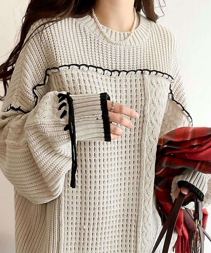 日本 Classical Elf - 2way跳色毛線編織寬鬆長版毛衣-象牙