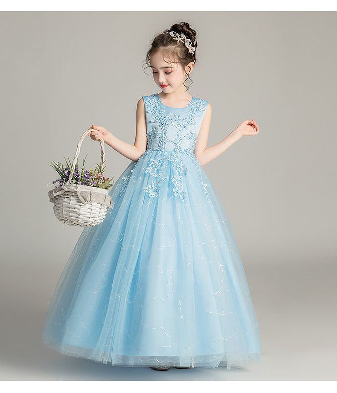 立體雕花緞面長禮服-水藍