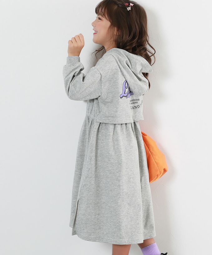 日本 devirock - 背後印花 純棉休閒連帽長袖洋裝-淺灰