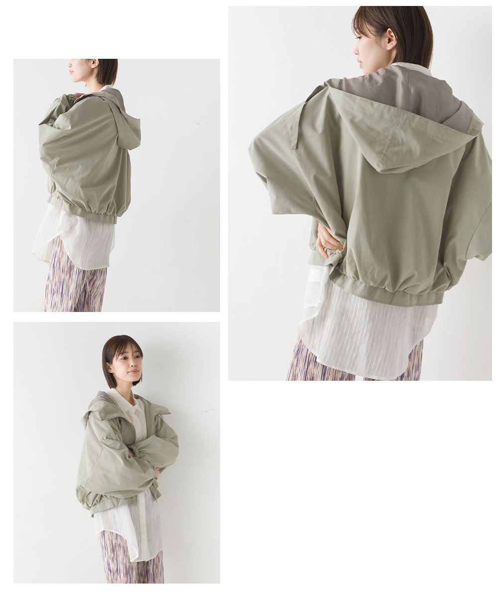 日本 OMNES - 短版澎澎袖風衣連帽外套-淺米杏