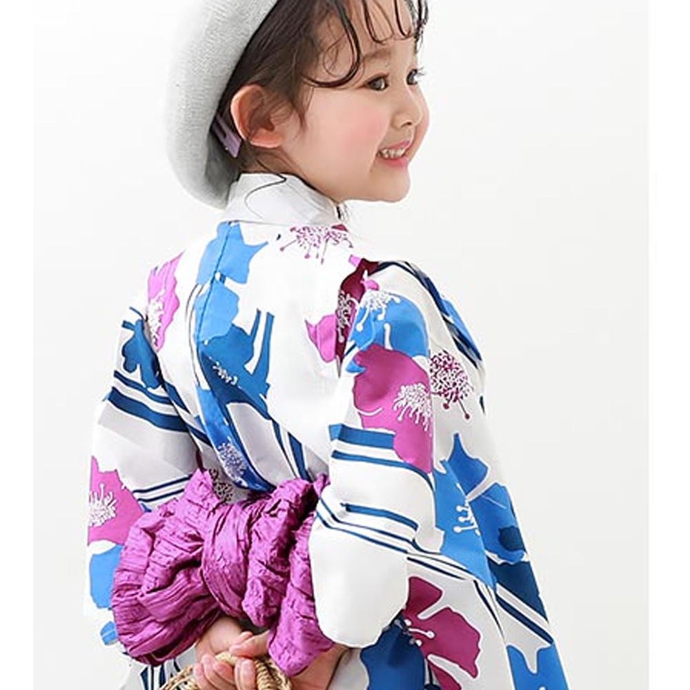 日本 devirock - 純棉夏日祭典花朵浴衣兵兒帶2件組-繁盛花朵-藍x紫