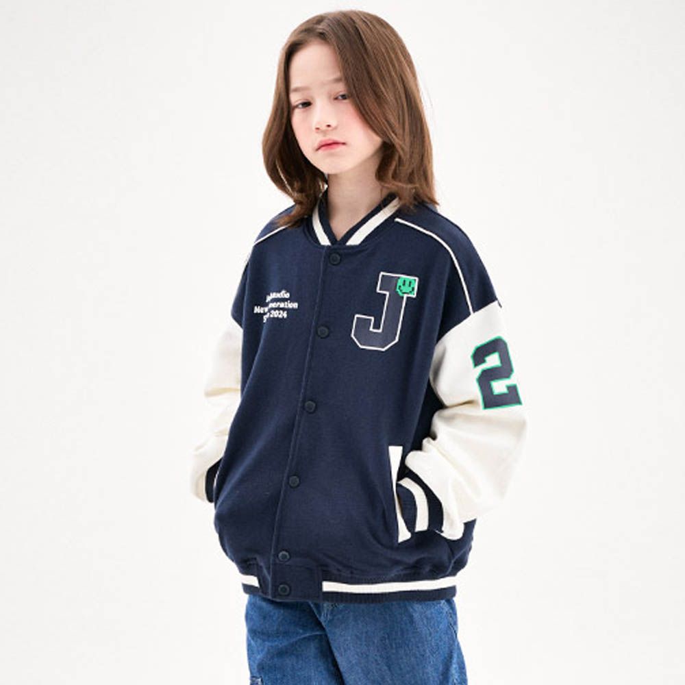 大學生風拼色長袖棒球外套-海軍藍