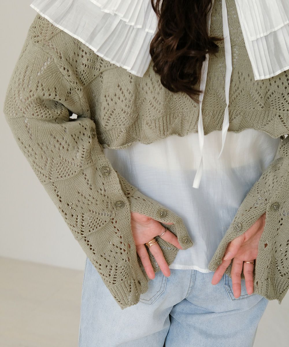 日本 Bou Jeloud - 鏤空設計短版寬袖針織上衣-米