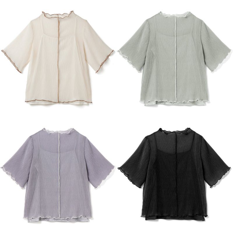 日本 GRL - 復古木耳滾邊透膚短袖上衣(附內裡)-奶油杏