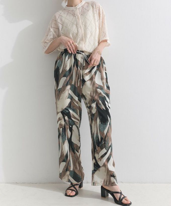 日本 le colis - [人氣款]個性派印花輕盈寬褲-幾何-綠x棕