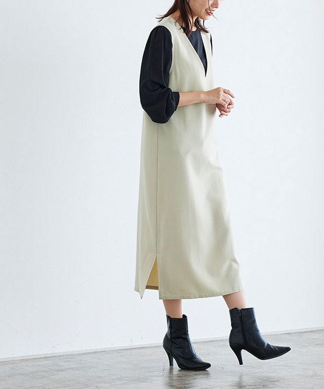 日本 Pierrot - 優雅氣質深V背心裙/洋裝-摩卡