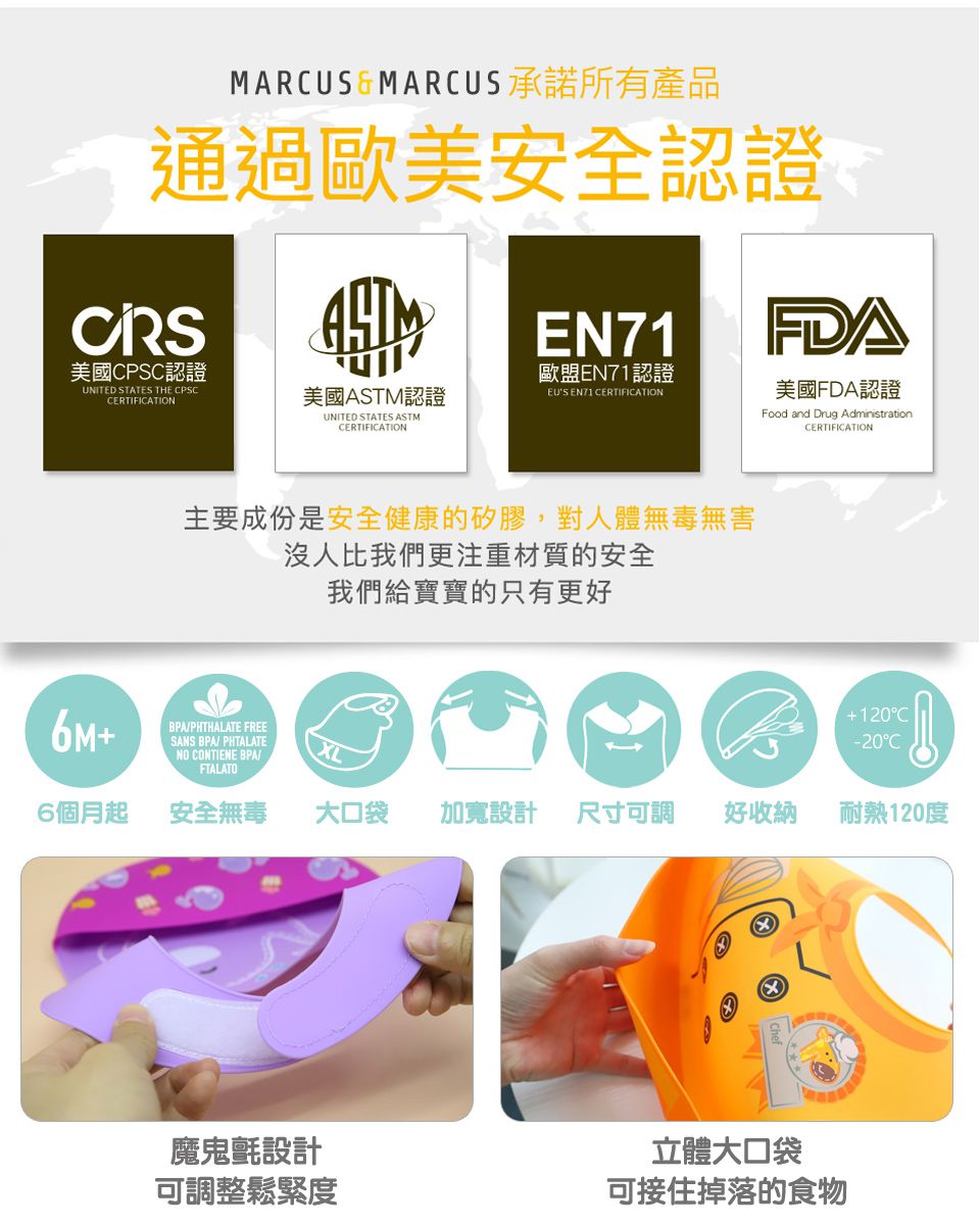 MARCUS＆MARCUS - 大口袋寬版矽膠立體圍兜-機長-藍