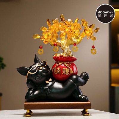 MODACore 摩達客 - ◉開運招財◉創意時尚黑色躺賺帥氣法鬥犬狗抱紅百寶錢袋發財樹擺飾組_客廳玄關臥室好風水好運勢