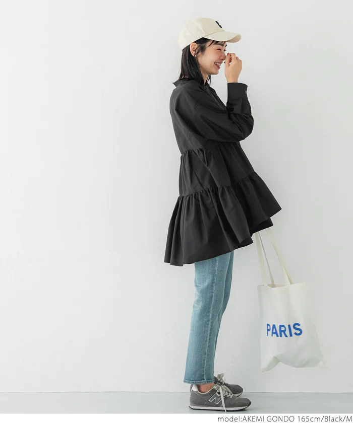 日本 COCA - 氣質蛋糕層次長袖上衣-經典黑