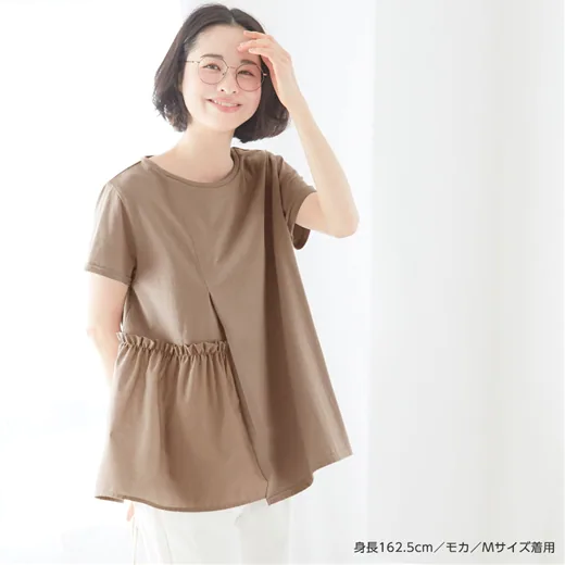 日本 BELLUNA - 異材質拼接寬鬆短袖上衣-白