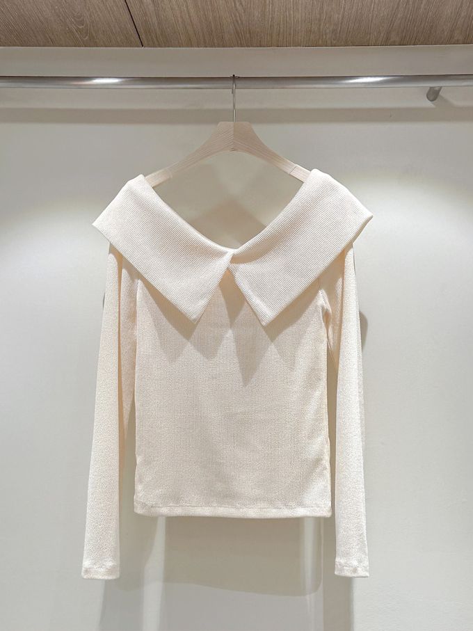 韓國女裝連線 - 微露鎖骨大翻領長袖上衣-黑 (FREE)