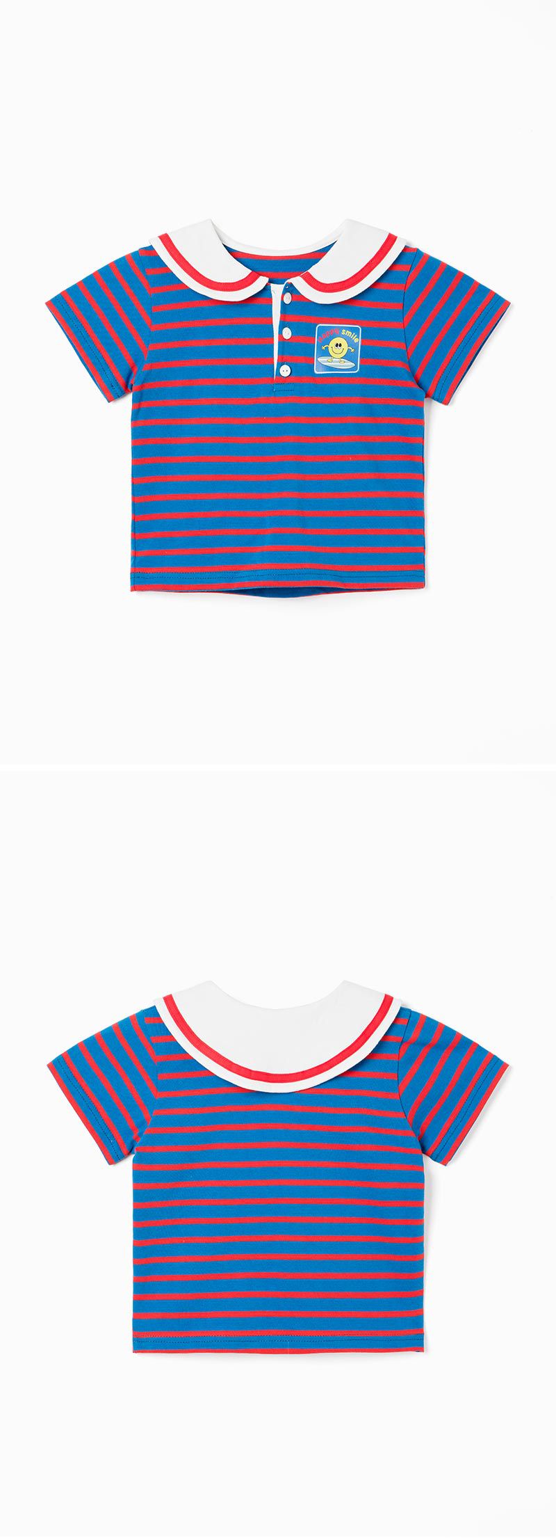 韓國 OZKIZ - 笑臉條紋水手翻領短袖上衣-藍X紅
