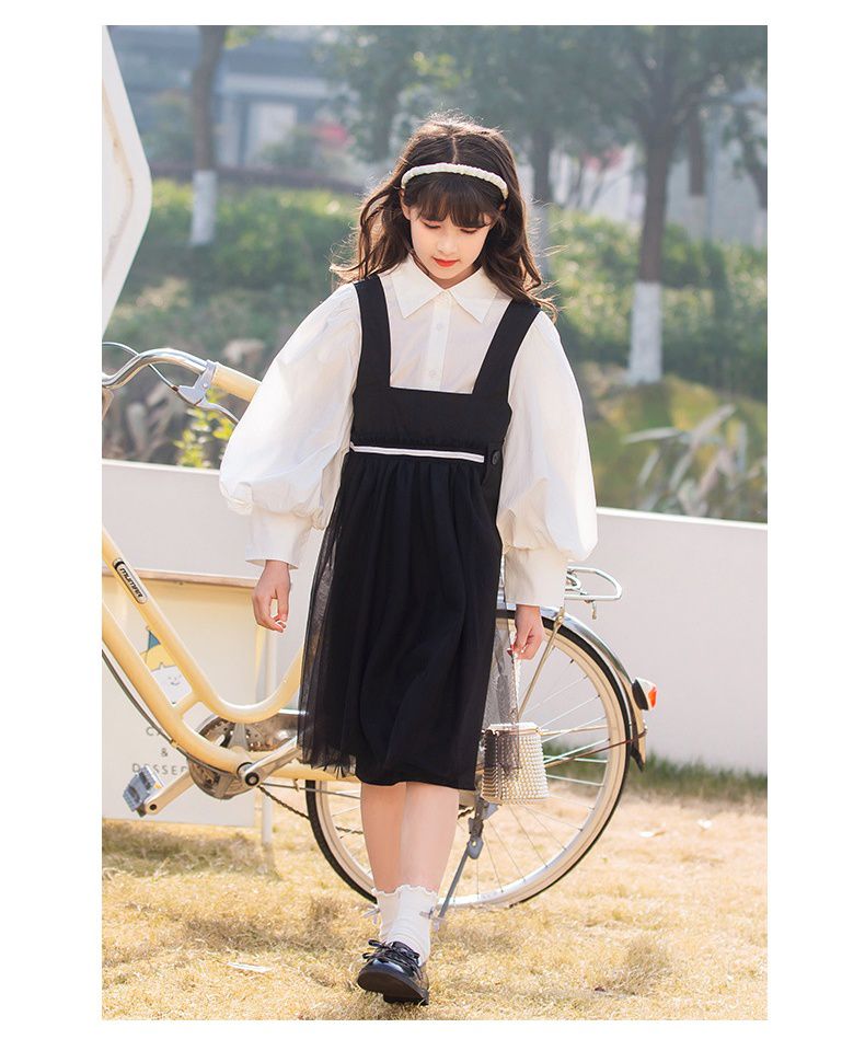 泡泡袖襯衫吊帶裙套裝-黑+白