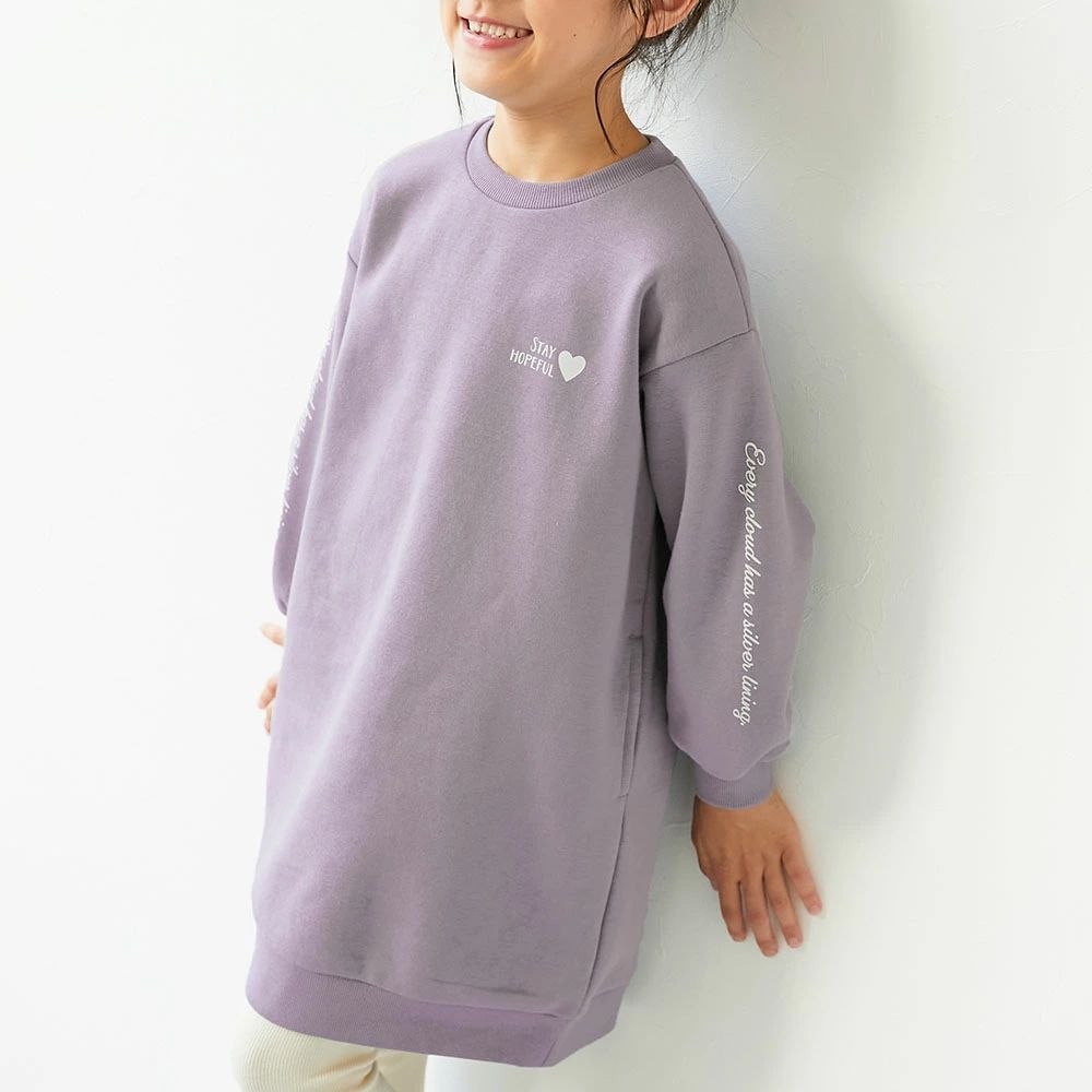 裏起毛落肩印花長袖洋裝-袖子logo-灰紫