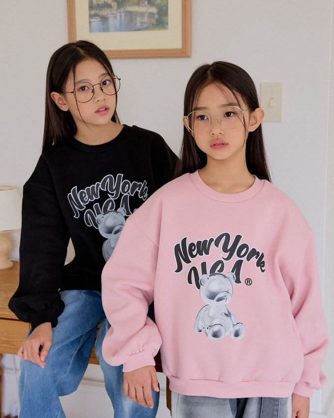 韓國 sm2 - (內磨毛)銀色小熊印長袖大學T-黑