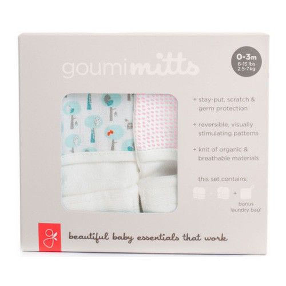 美國 GOUMIKIDS - 有機棉手套2入組組合禮盒-粉紅點點+愛心小樹