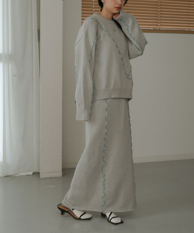 日本 Bab - 不規則狀色滾邊修身長裙-灰x深藍