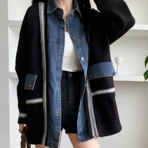 日本 GRL - 學院牛仔拼接針織率性廓形外套-黑 (F)
