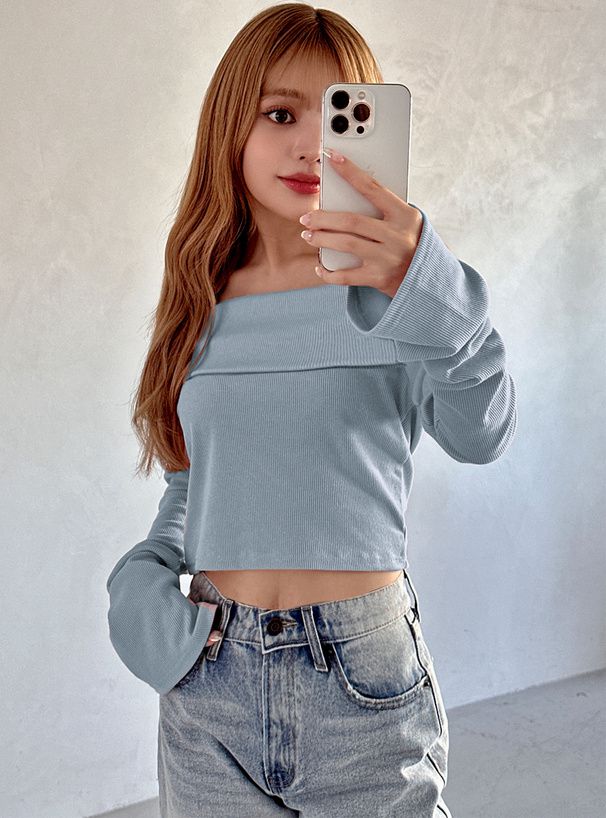 日本 GRL - 平口羅紋彈性長袖上衣-卡其米