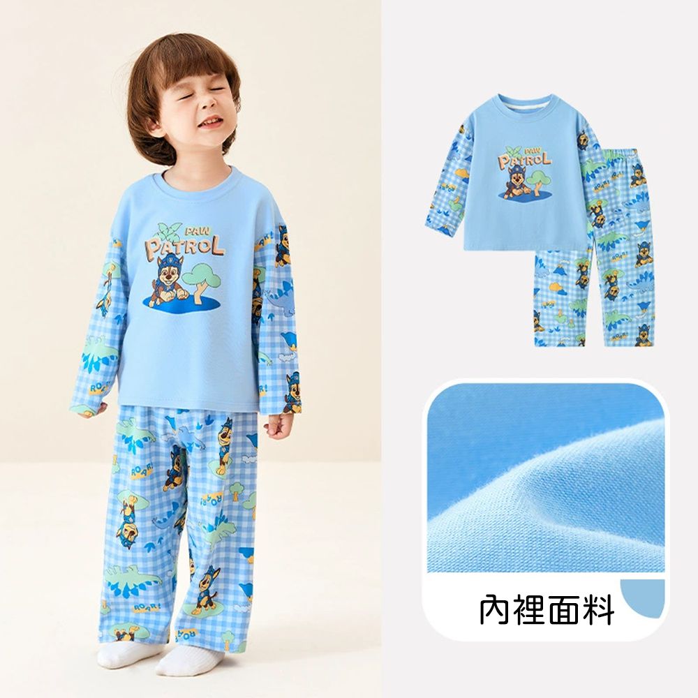 卡通汪汪隊長袖家居服套裝-卡通人物阿奇-格紋藍