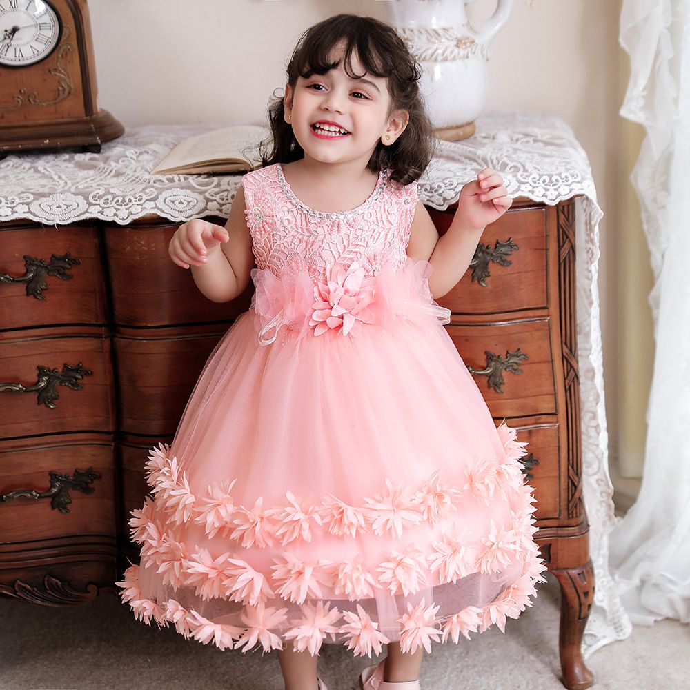 蕾絲網紗圓領無袖公主裙-立體花花-粉色