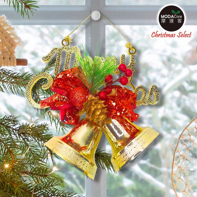 MODACore 摩達客 - 摩達客台製精緻6吋聖誕快樂英文字牌雙鐘吊飾-紅金系（歐美外銷人氣品）