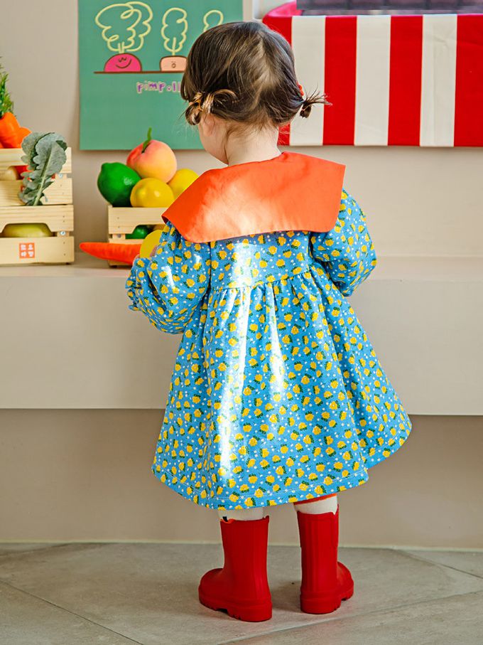 韓國 Pimpollo - 滿版花紋撞色翻領連身洋裝-藍