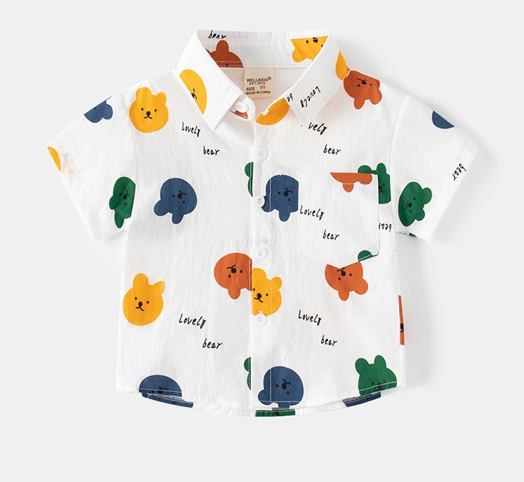 WELLKIDS - 純棉休閒翻領短袖襯衫-繽紛熊熊-白色