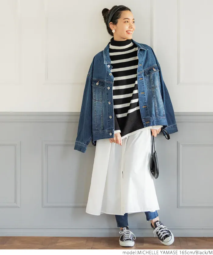 日本 COCA - 時尚條紋針織高領毛衣-白x黑