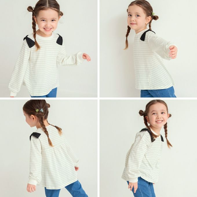 日本 BRANSHES - 可愛肩帶造型舒適長袖上衣-黑蝴蝶結-黑白條紋