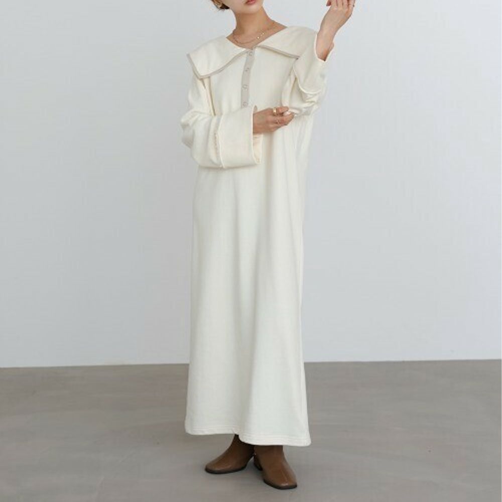 滾邊個性大翻領休閒長袖洋裝-象牙