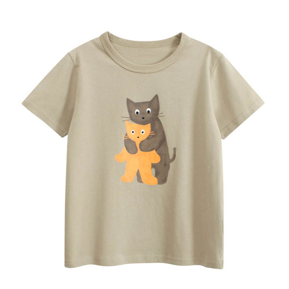 純棉短袖上衣-貓咪好友-淺卡其