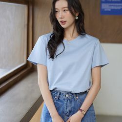 KPUWARM - 糖果色絲光棉圓領短袖上衣-藍色