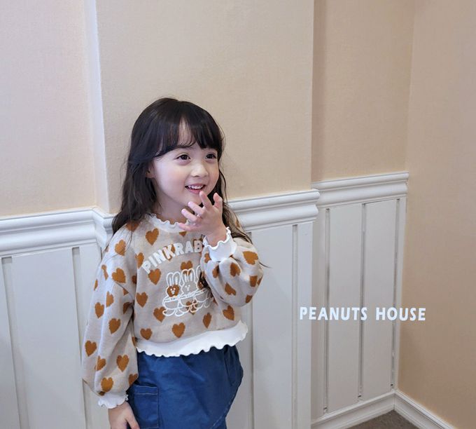 韓國 Peanuts House - 滿版愛心兔兔花領澎袖針織上衣-紅