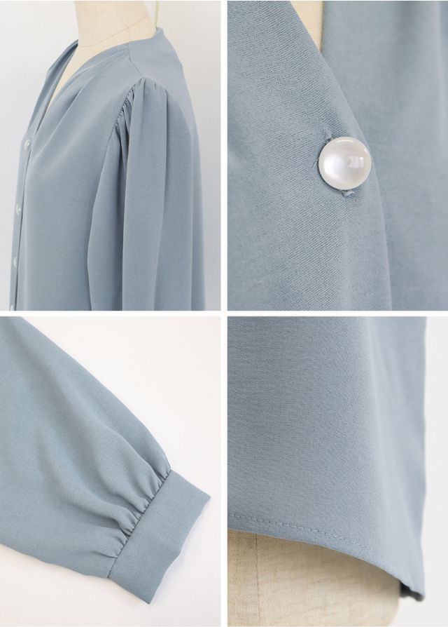 日本 BLUE EAST - 柔美光澤V領長袖襯衫-奶油白