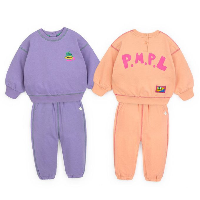 韓國 Pimpollo - 胸前鱷魚點綴圓領長袖套裝-粉橘