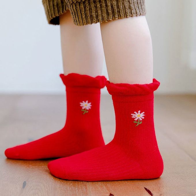腳ㄚ子 - 幼/兒童棉質中筒襪 童襪 襪子 棉襪 兒童襪-絳紅飛花