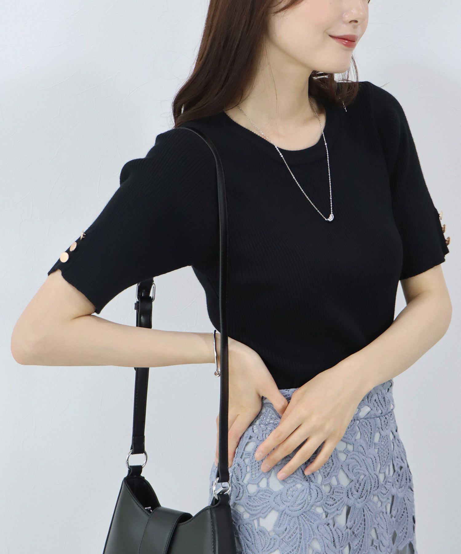 日本 BLUE EAST - 圓領金釦羅紋短袖上衣-白