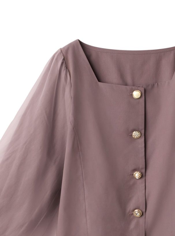 日本 GRL - 方領排釦薄紗澎澎袖上衣-時尚黑