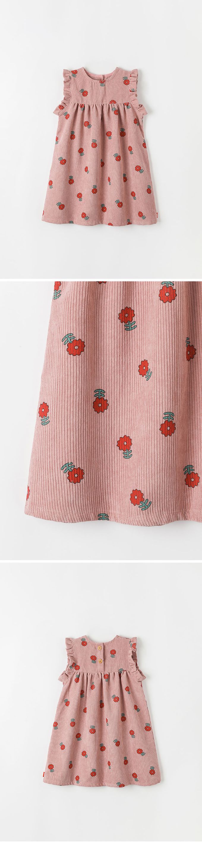 韓國 OZKIZ - 紅花印燈芯絨圓領背心洋裝-暗粉