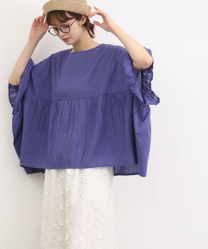 日本 Lupilien - 印度棉 緹花拼接感喇叭短袖上衣-米白